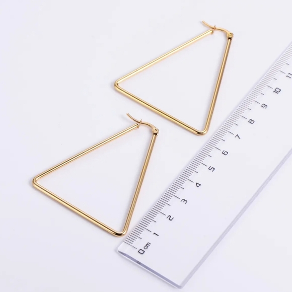 New 18K Gold Plated Stainless Steel Triangle Geometric Hoop Drop Earrings - Picture 2 of 7
